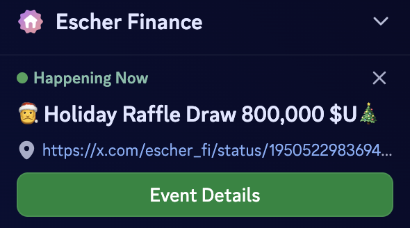 Ready for the event ?🎄🎅
Not too late to hope in 
Participate here: app.escher.finance
<a href="/escher_fi/">Escher.Finance</a>