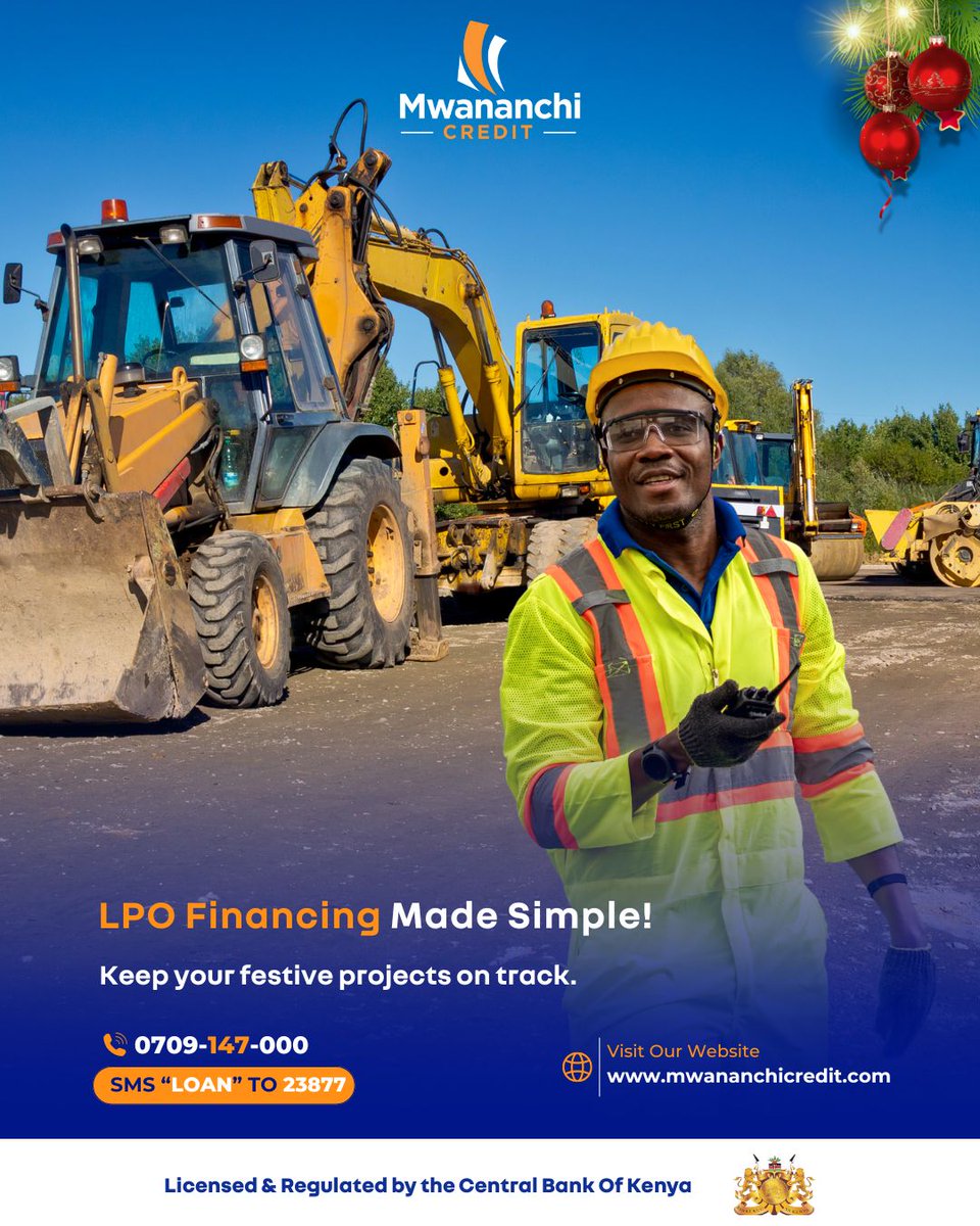 CreditMwananchi's tweet image. No delays this festive season!

Get up to Ksh 25M from Mwananchi Credit LPO financing and keep your projects moving.

Apply today at mwananchicredit.com or call us on 0709-147-000

#MwananchiCredit #InvestorInPeople #LPOFinancing #MwananchiXmasCountdown #MwananchiHolidayVybe