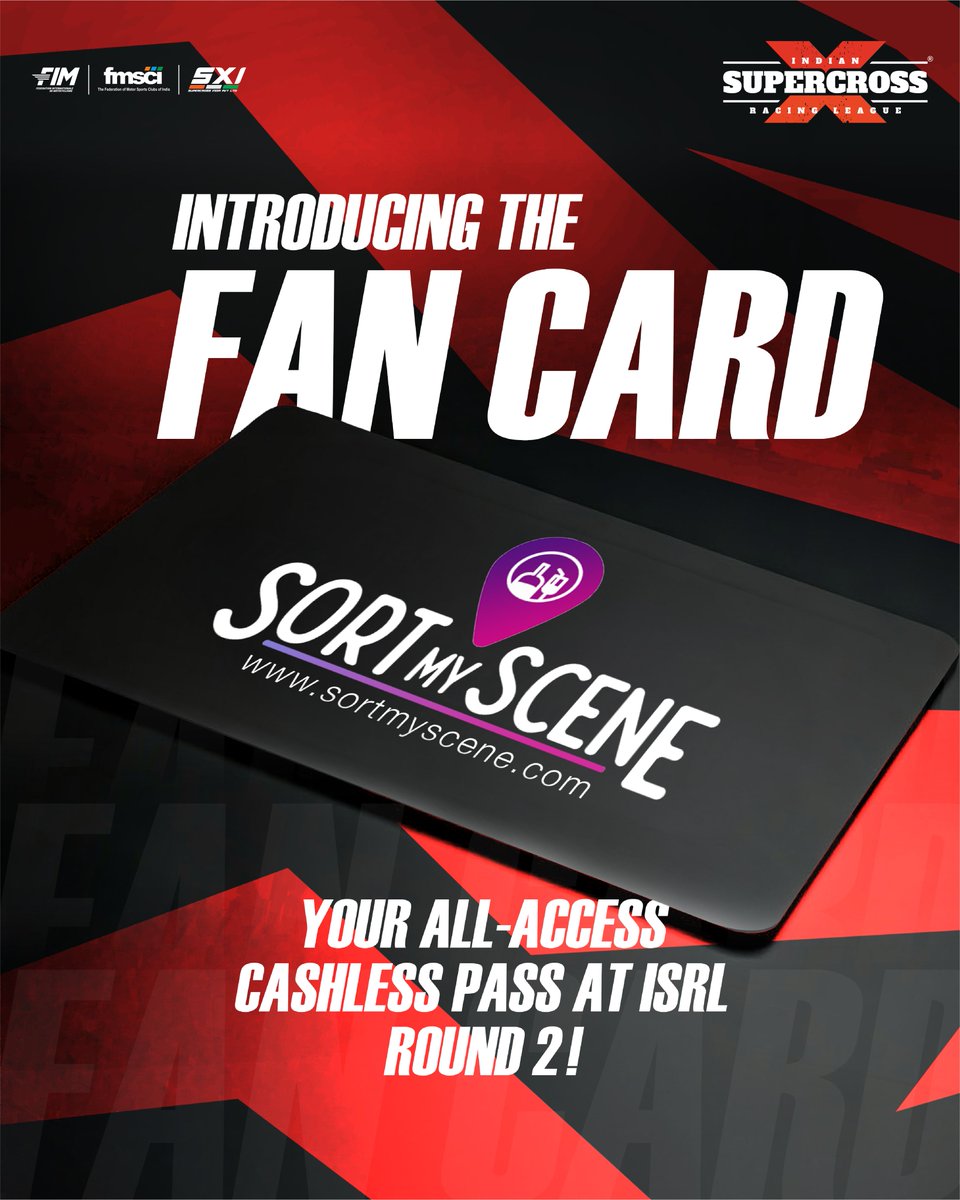ISRL_official's tweet photo. Your race-day just levelled up. 💳⚡

Introducing the Fan Card — powered by @SortMyScene , your all-access cashless key to every corner of @reisemoto_  Fanpark for Round 2.🔥

#ISRL #FlirtWithDirt #SupercrossIndia #Supercross  #Hyderabad #Telangana #Round2 #RaceWeek #SortMyScene https://t.co/04AyHuRtlN