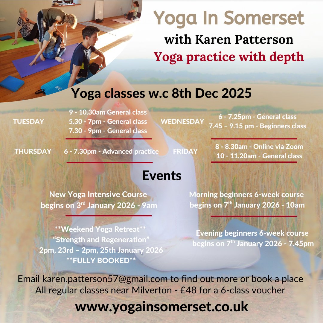 Yoga class schedule - week commencing 8th Dec 2025
#yoga #somerset #yogainsomerset #milverton #neartaunton