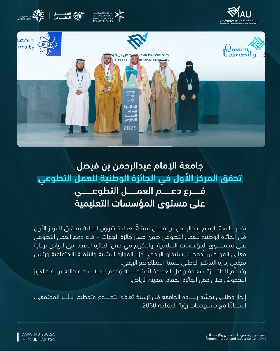 #إنجازات_IAU |

في إنجاز وطني جديد ✨ 
#جامعة_الإمام_عبدالرحمن_بن_فيصل ممثلة بـ #عمادة_شؤون_الطلبة_IAU تحقق ▫️المركز الأول▫️
 في #الجائزة_الوطنية_للعمل_التطوعي 
ضمن مسار جائزة الجهات – فرع دعم العمل التطوعي على مستوى المؤسسات التعليمية. 

#جامعة_سباقة_في_صناعة_المستقبل