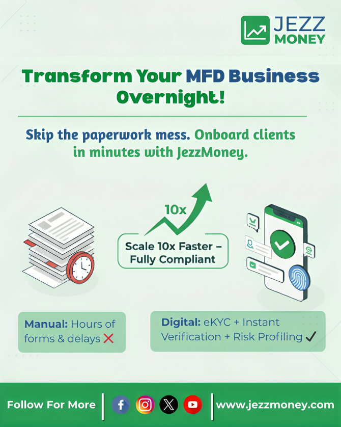 jezzmoney_'s tweet photo. Reinvent your MFD business with JezzMoney’s instant digital onboarding. Go paperless, verify faster with eKYC, and onboard clients in minutes. Scale 10x with seamless, compliant, automated flows. 🚀✨
#MFDonboarding #digitalonboarding #eKYC #paperlessonboarding #JezzMoney https://t.co/n3RqpnSN9e