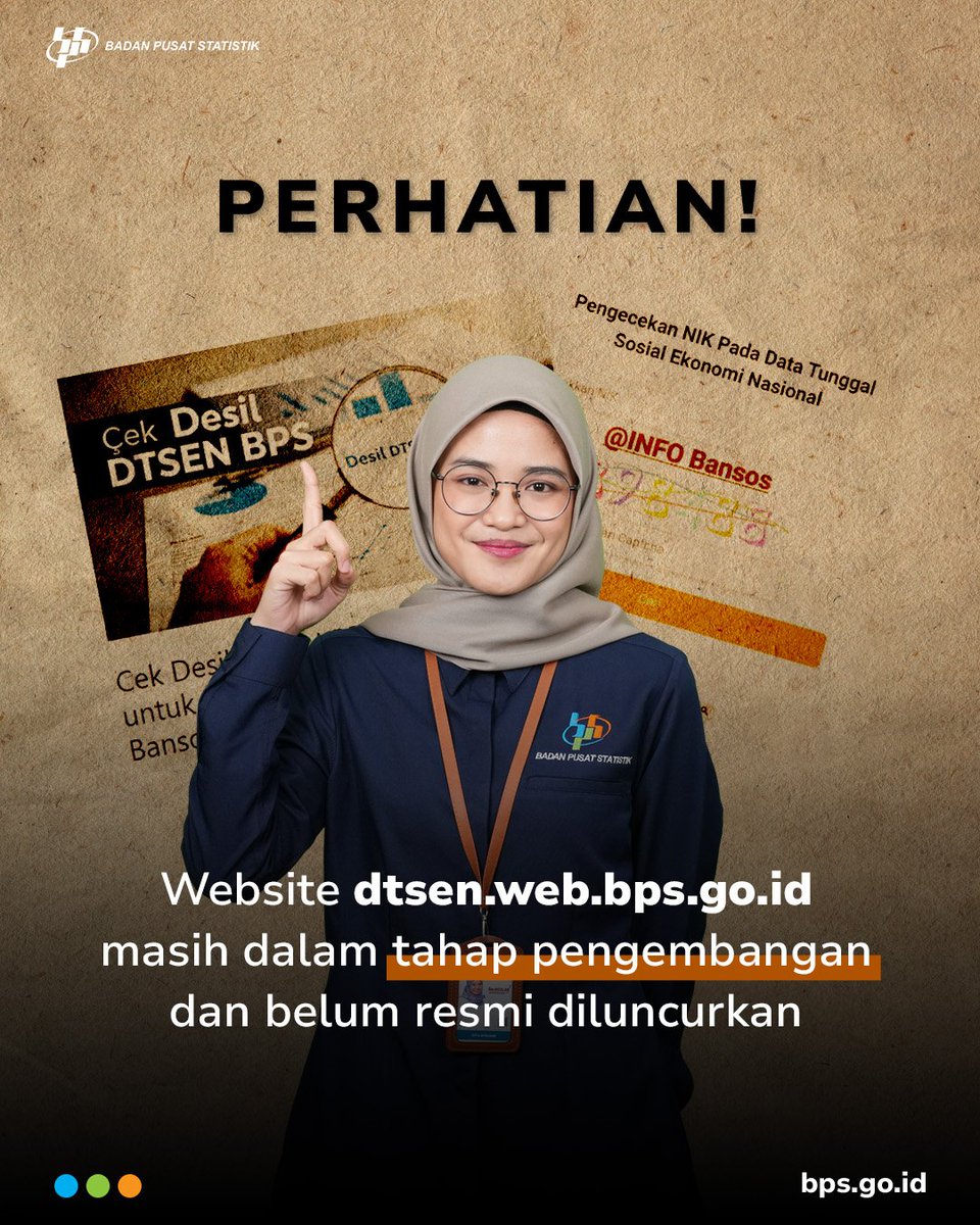 Sahabat Data, website dtsen.web.bps.go.id yang sedang dibangun BPS saat ini masih dalam tahap pengembangan dan belum resmi diluncurkan.

Pastikan segala informasi mengenai  BPS akan disampaikan di saluran resmi BPS.

#CintaData
#DTSEN