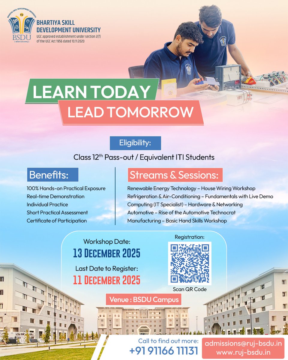 BSDU is hosting a comprehensive Skill-Based Workshop on 13th December at our campus

Register : forms.gle/ZvpMGcFJTXMqeZ…

#BSDUJaipur #BVoc #BSDUSkills #NextGenSkills #skilldevelopment #ConstructionSkills #skillworkshop