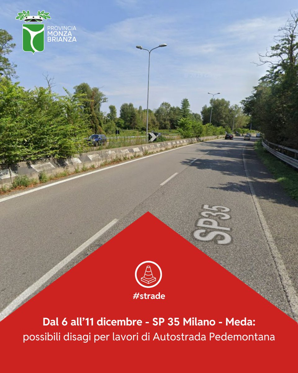 🚗 Possibili disagi nei prossimi giorni per la circolazione stradale lungo la SP 35 "Milano-Meda":

👷‍♂️ Sabato 6 dicembre (h. 9.00-12.00)

👷‍♂️  9-10-11 dicembre in notturna (h. 22:00 - 6:00)

Scopri tutti i dettagli  👉 bit.ly/MBavvisistrade

#SP25 #milanomeda #provinciamb