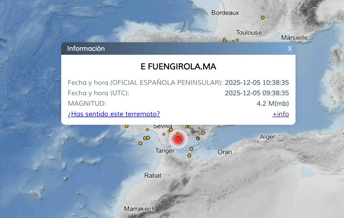 Terremoto localizado frente a la costa de Fuengirola, 
Magnitud: 4,2 
Hora: 10:38:35 
Localización: latitud 36,5393 N, longitud -4,6173 W
Profundidad 79 km.
ign.es/web/ign/portal…