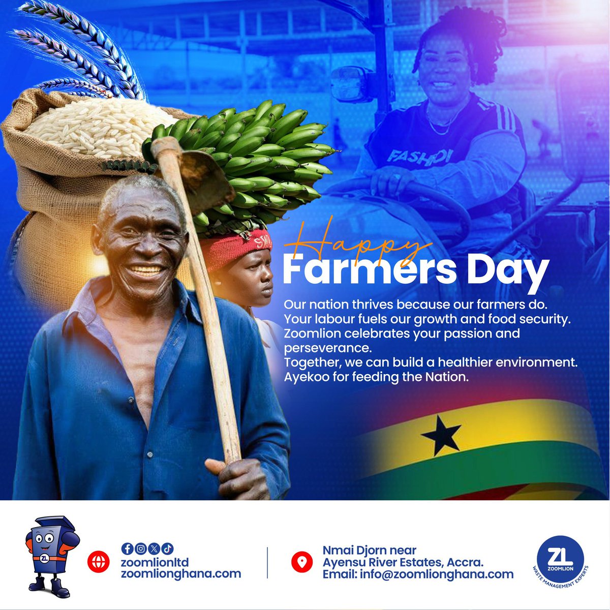 Our nation thrives because our farmers do. Your labour fuels our growth and food security.

Zoomlion celebrates your passion and perseverance. Together, we can build a healthier environment.

Ayekoo for feeding the Nation.

#HappyFarmersDay #Zoomlion