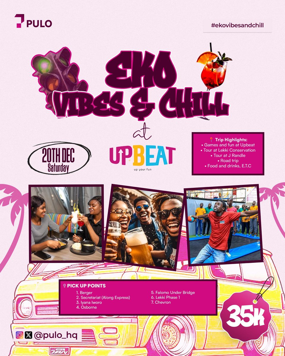 pulo_hq's tweet photo. Only 16 SPOTS available for Eko Vibes &amp; Chill on Sat, Dec 20th! 🚨
​It's the ultimate Lagos experience for 35K!
​📍Highlights: Upbeat Games, Lekki Conservation, J Randle Tour.
​🚌 Pick-ups: Berger, Osborne, Lekki Phase 1, and more! https://t.co/4d5bSJxIIL