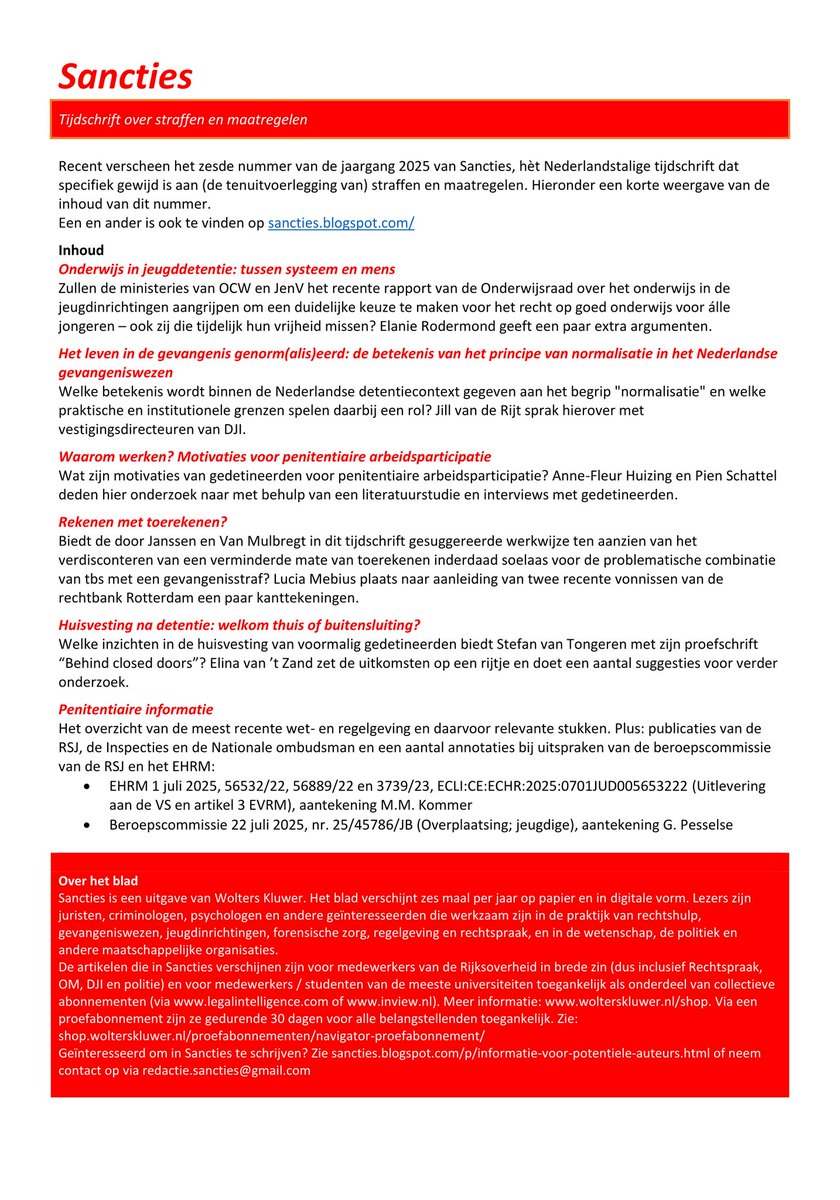 Onderwijs in de jeugdinrichtingen, arbeid in de gevangenis - en nog veel meer in het rijk geschakeerde zesde nummer van Sancties in 2025.