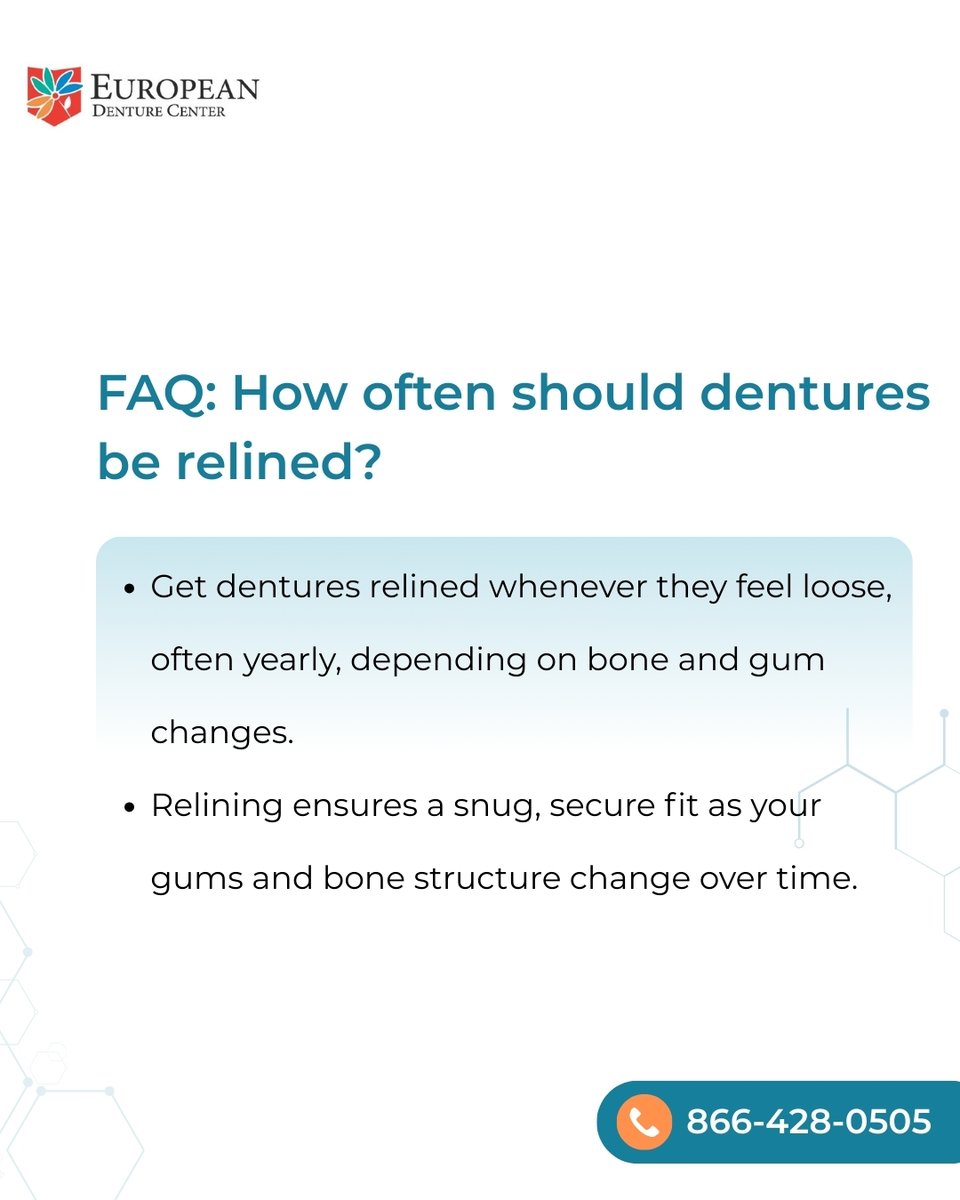EuroDenture's tweet image. Dentures should be relined every 1–2 years, or sooner if they start feeling loose or uncomfortable.
Relining ensures a snug, secure fit as your gums and bone structure change over time.

#DentureFAQ #DentureCare #ComfortFit #EuropeanDentureCenter #BoiseDentures #CaldwellDentures
