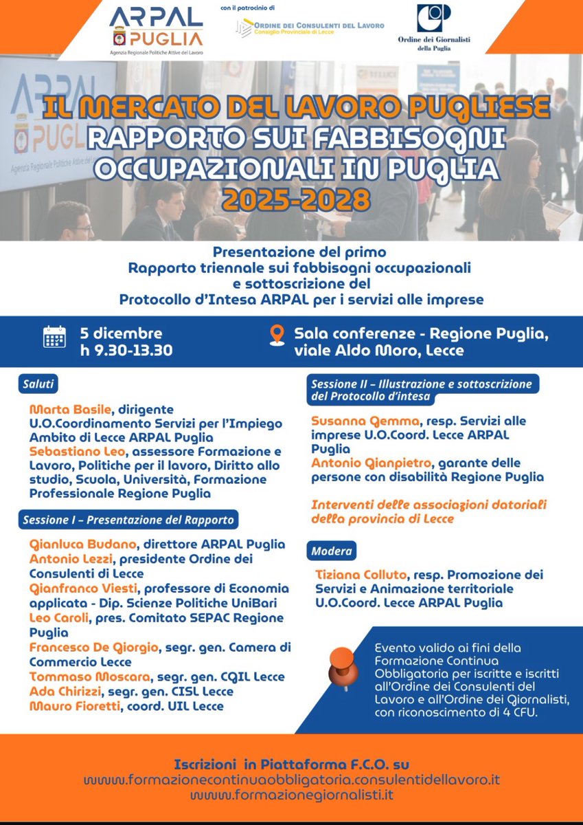 #051225:Partecipiamo alla presentazione del Rapporto ARPAL  sul Mercato del Lavoro pugliese: uno strumento indispensabile per conoscere i  fabbisogni occupazionali in Puglia, la rete produttiva locale, le opportunità per i nostri giovani. <a href="/CislNazionale/">CISL Nazionale</a> <a href="/CislPuglia/">Cisl Puglia</a>  <a href="/CislLecce/">Cisl Lecce</a>