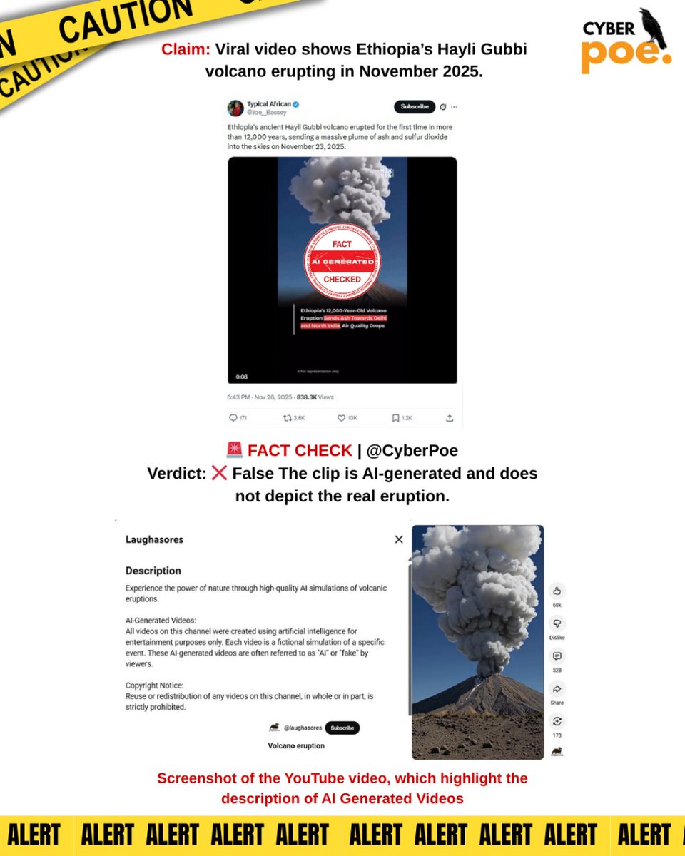 cyberpoe_'s tweet photo. 🚨 FACT-CHECK | @CyberPoe
Claim: Viral video shows Ethiopia’s Hayli Gubbi volcano erupting in November 2025.
Verdict: ❌ False The clip is AI-generated and does not depict the real eruption.
👉 For the full in-depth article, visit us at:
🔗https://t.co/s3OupXZVxe
#CyberPoe #FactCheck #AIgenerated #HayliGubbi #Misinformation #Volcano #DigitalForensics
🔽 Full breakdown in thread ⤵️