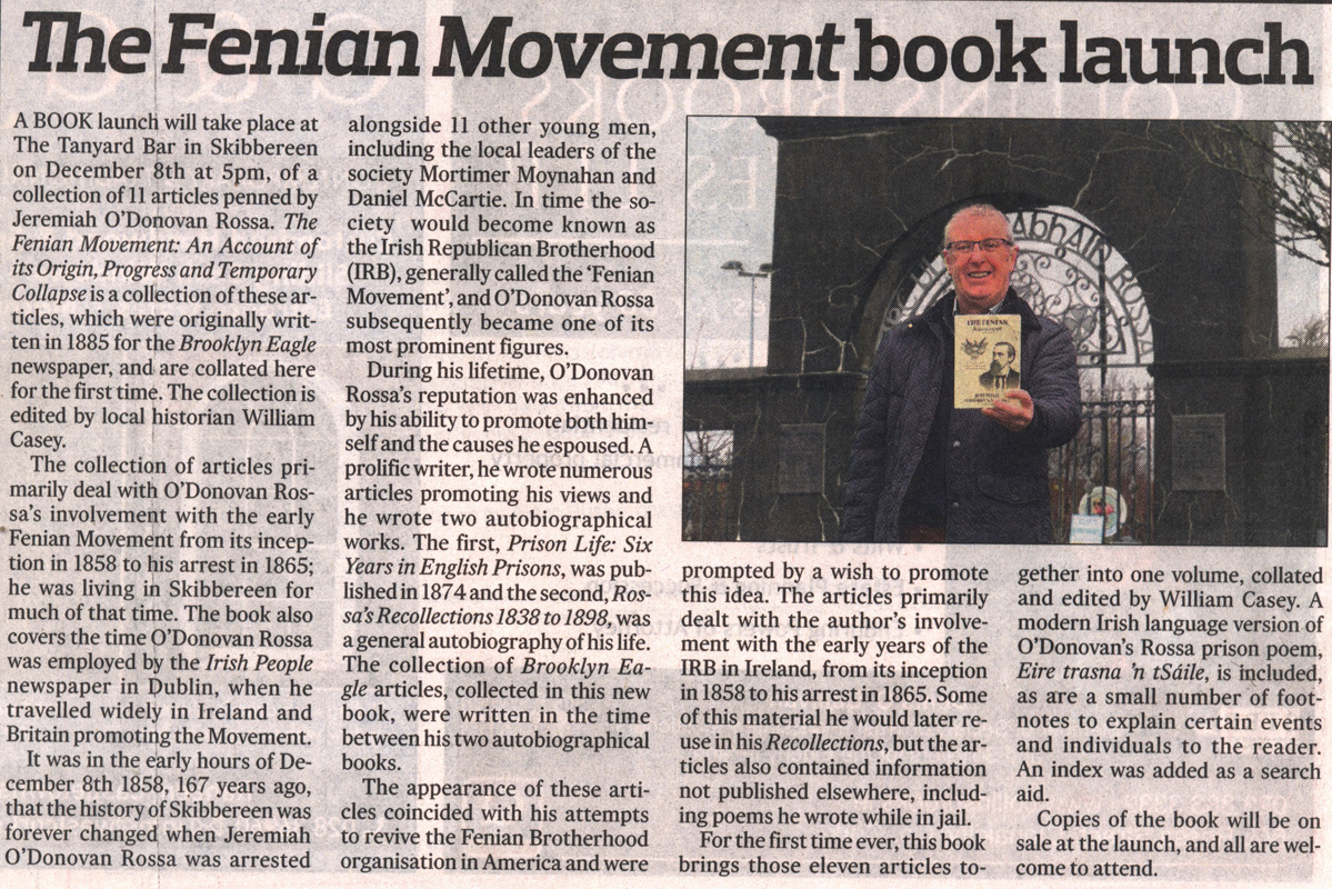 CoolimBooks's tweet photo. A big thank you to the Southern Star for featuring the upcoming launch of 'The Fenian Movement' by Jeremiah O'Donovan Rossa, which occurs next Monday, 8 December at 5pm in the Tanyard Bar, #Skibbereen https://t.co/m9K85jy6Zz