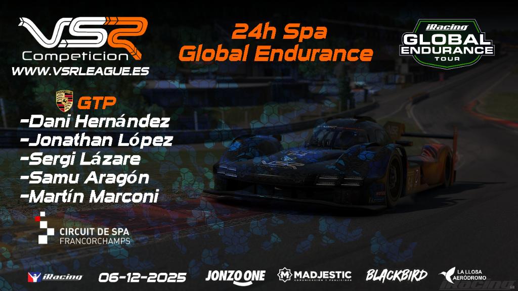 Todo preparado para las 24h Spa Global Endurance <a href="/iRacing/">iRacing</a> 
Mañana nuestros pilotos se van a Spa al volante del Porsche GTP.
Mucha suerte y a disfrutar en pista!!!. 🔥