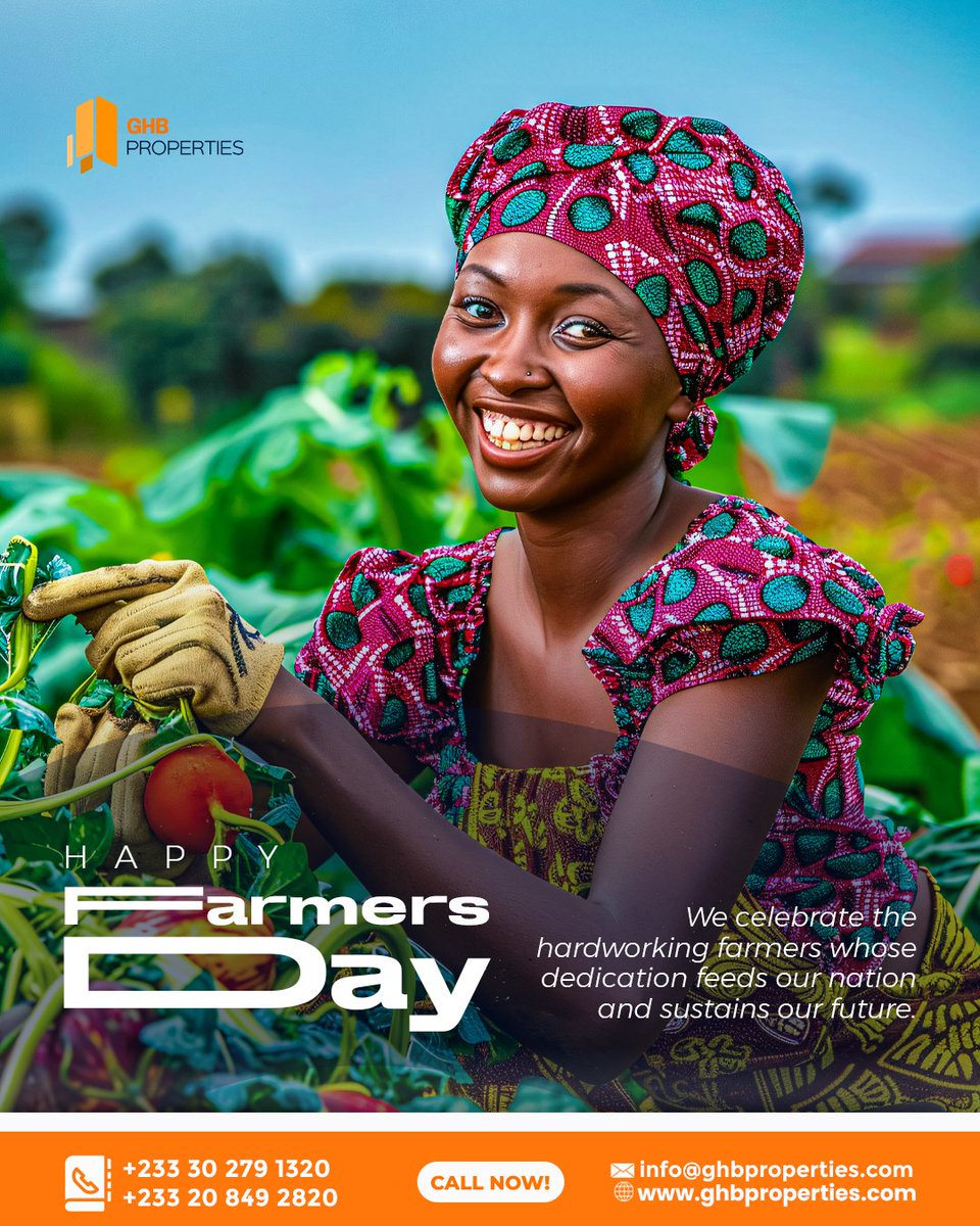 ghbproperties's tweet photo. 🌾 Happy Farmers Day!
We celebrate Ghana’s hardworking farmers who feed our nation and sustain our future. Thank you for your dedication.
🏡 From all of us at GHB Properties.

#HappyFarmersDay 
#GHBProperties 
#FarmersFeedGhana 
#ThankYou https://t.co/Spz86KiMIr