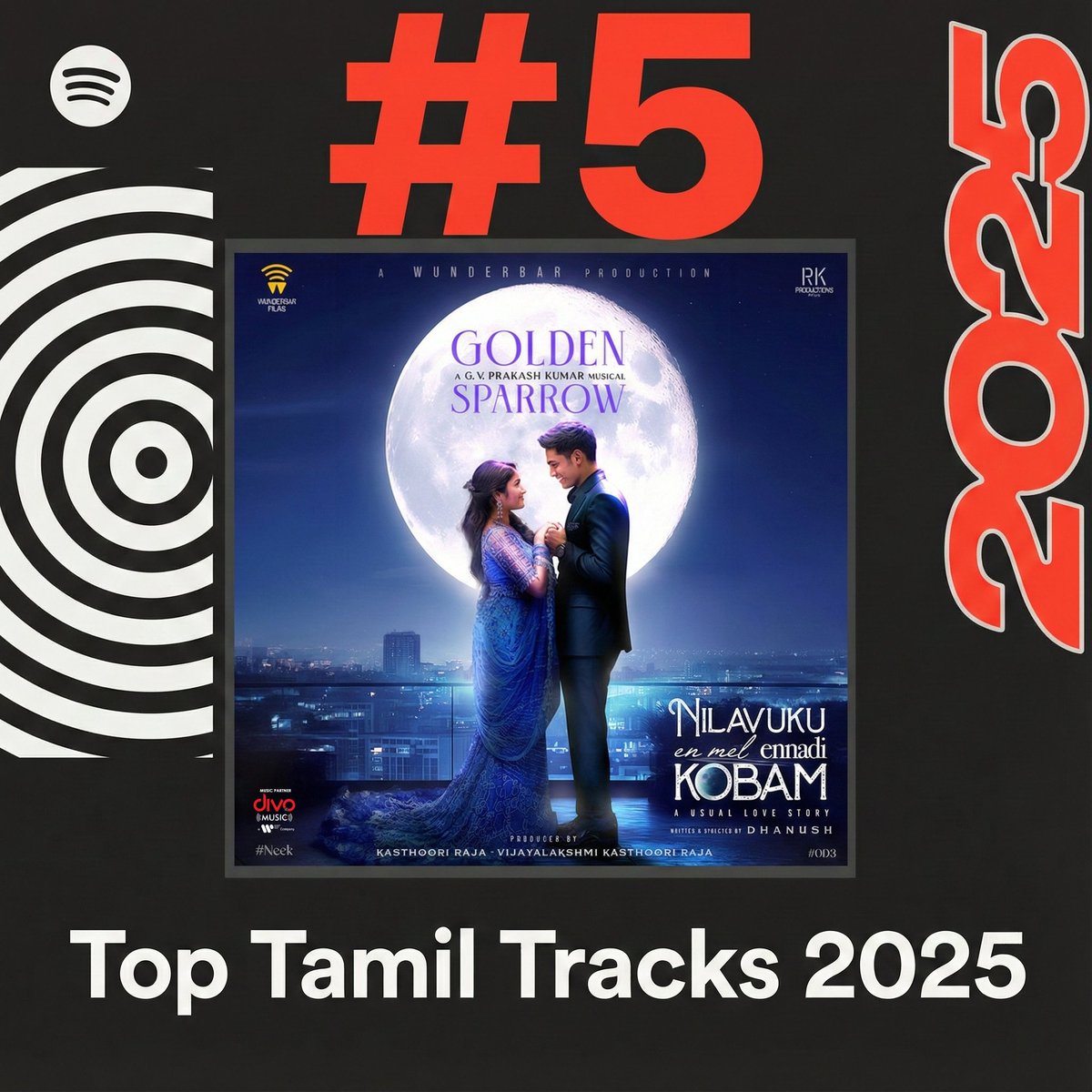 divomusicindia's tweet photo. Flying into the Top 5! 🌟 Golden Sparrow ft. GV Prakash lands at #5 in Top Tamil Tracks 2025 🎵 

#Goldensparrow #NEEK #TamilMusic #Chartbuster https://t.co/JW6NbEFcWa