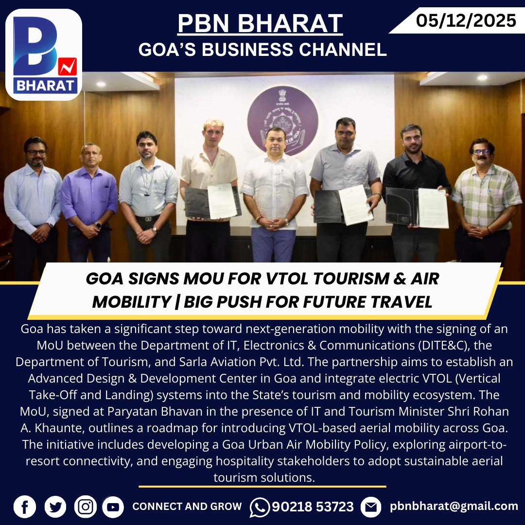 PBNBHARAT's tweet image. Goa Signs MoU for VTOL Tourism &amp;amp; Air Mobility | Big Push for Future Travel
#Goa #AerialMobility #VTOL #AdvancedAirMobility #SarlaAviation #GoaTourism #FutureOfTravel #InnovationGoa #UrbanAirMobility #eVTOL #TechInGoa