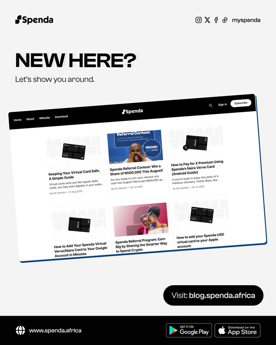 Learn more about Spenda! 

How to:

✅ Deposit
✅ Transfer
✅ Pay bills
✅ Use your card
✅ Supported/Unsupported assets 
✅ Subscription and Payments

Visit the Spenda blog today. 

blog.spenda.africa