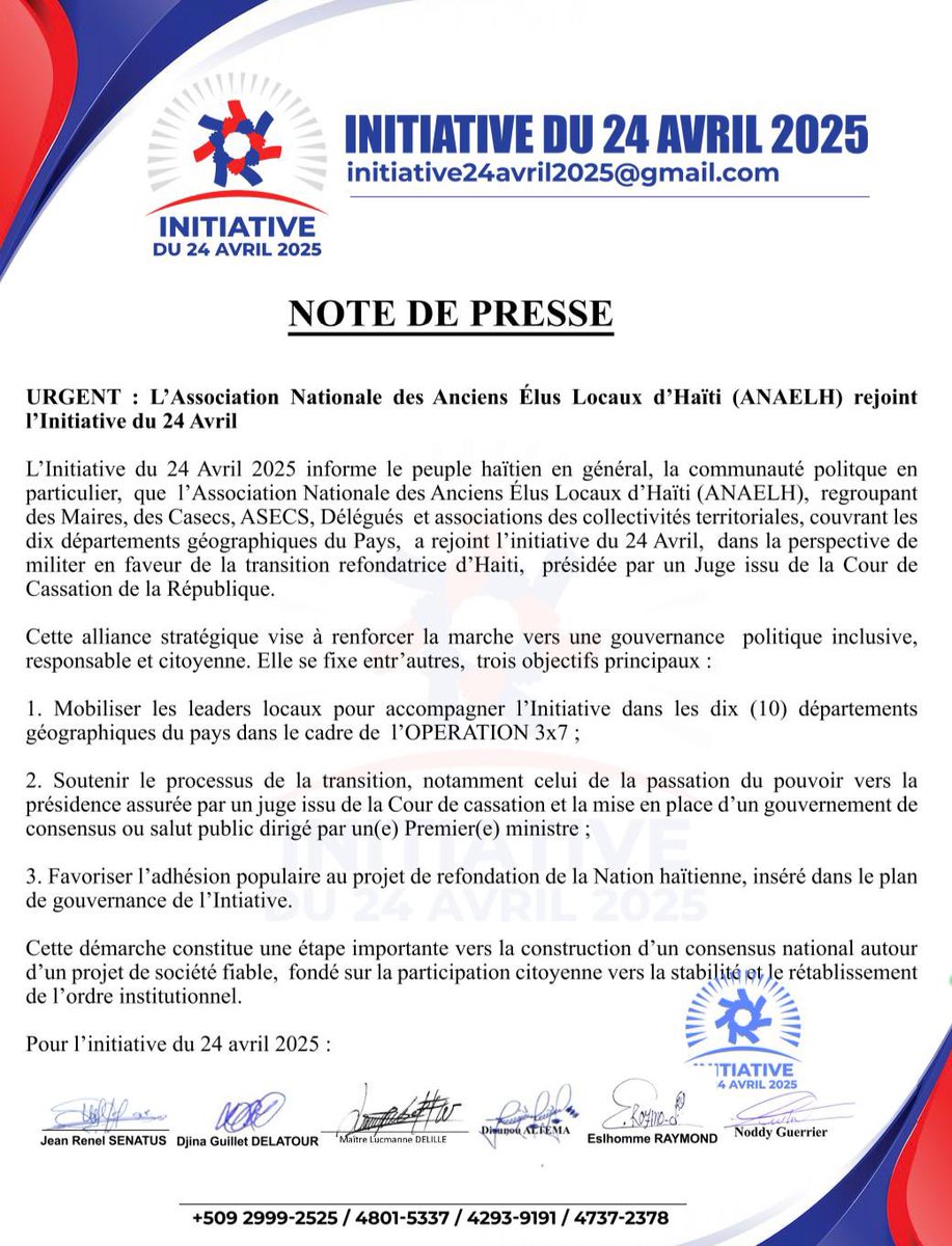 INiTIATIVE DU 24 Avril,  ALLIANCE STRATÉGIQUE :  A l’approche du 07 février 2026, l’Initiative du 24 Avril  se renforce. Cette structure vient tout justement de signer une alliance stratégique avec la plus importante et représentative organisation d’Haiti, ANAELH. 3x7=Kasasyon.