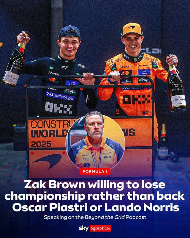 MV33Racing's tweet photo. Zak Brown two weeks ago: "Willing to lose the championship rather than back Lando Norris or Oscar Piastri"

Zak Brown today in Abu Dhabi: "We will use team orders to back Lando or Oscar to win the championship"

📸[SkyF1, Autosport] https://t.co/t4BxDEOxXM