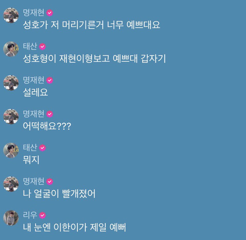 🐶 sungho said my long hair is very pretty
🐈‍⬛ sungho hyung out of nowhere looked at jaehyun hyung and said hes pretty 
🐶 (my heart is) fluttering, what do i do???
🐈‍⬛ what is this
🐶 my face is getting red
🦦 leehan is the prettiest in my eyes

🏳️‍🌈🤨❓
