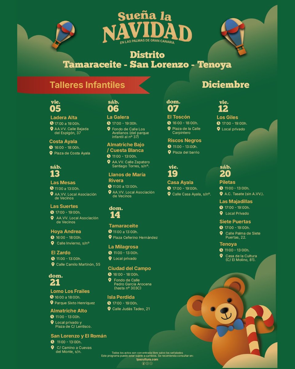 👧🧒 ¡Comienzan los talleres infantiles en los barrios del distrito!

📅 Desde hoy y hasta el 21/12, los peques podrán divertirse, aprender y compartir momentos únicos.

Consulta el programa completo en la imagen adjunta y ¡ven a disfrutar! 🎈✨

#distritotamaraceite