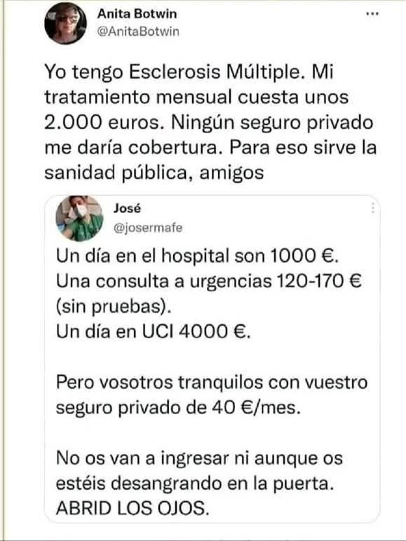 Para todos los que optan por un Seguro médico privado ( algunos lo hacen a la fuerza porque el PP se ha cargado la pública)... Sólo una sanidad pública fuerte te puede SALVAR LA VIDA..👇