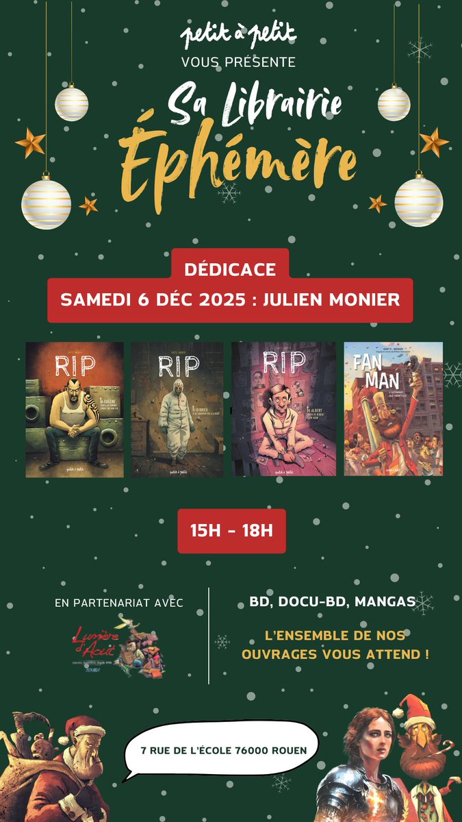 PETITAPETIT__'s tweet image. 📣 DÉDICACE JULIEN MONIER
📍 Librairie éphémère Petit à petit – 7 rue de l’École, Rouen
🗓 Samedi 6 décembre
🕒 15h – 18h

📚 Les BD seront disponibles sur place.

On vous attend nombreuses et nombreux !

#Dédicace #RIPBD #JulienMonier #PetitaPetit #BD #Rouen #LibrairieÉphémère