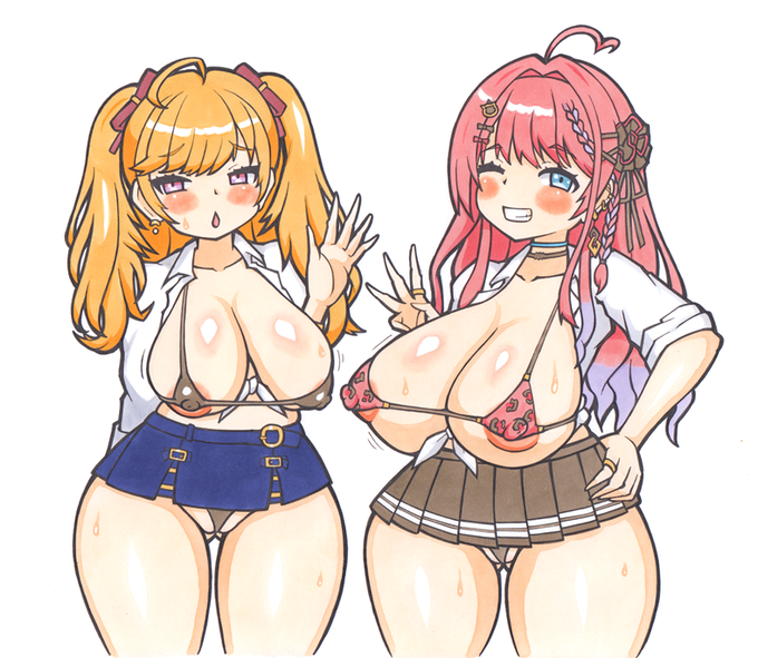 tkmyronさんとkrmtmrtさんのエッチ絵です、普段よりギャルギャルしく・・・謎のハンドサインも 