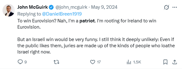 Ireland this week:

1) All the Irish patriots have actively contributed to the propaganda campaign of a country thousands of miles away to smear the entire country as antisemitic on the international stage
