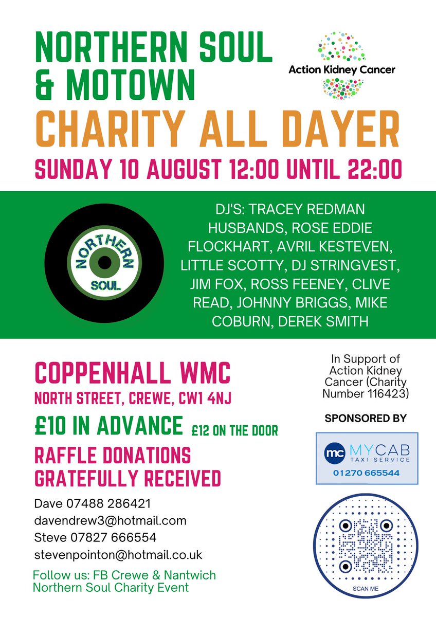 ACTION4KC's tweet image. Please save the date for our annual Northern Soul and Motown Charity All Day event on Sunday 10 August in Crewe for a full day of great music and dancing organised by the Pointon family.

For info:
actionkidneycancer.org/event/norther-…

#kidneycancer #bypatientsforpatients #StrongerTogether