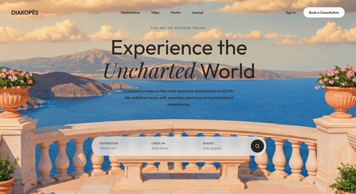 VerdexoVentures's tweet photo. Just wrapped the hero section for Diakopés, a new project I’m working on.
The site’s still a work in progress, but this one felt too good not to share.
If it gives you vacation vibes, drop a like 🌴
And comment your dream destination ↓
#WebDesign #Travel https://t.co/mWKtE5Oc6M