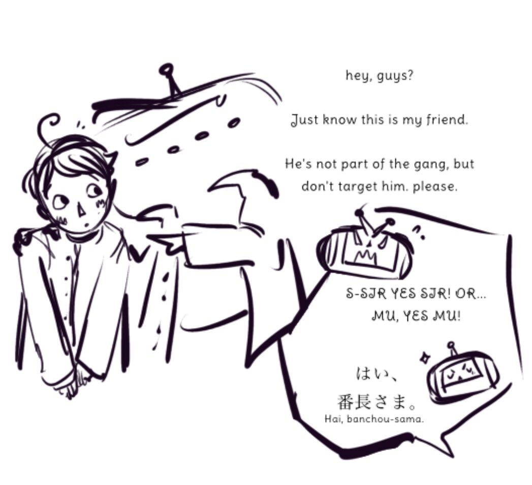 since mu has a pompadour for his wig accessory &amp; i remembered that hairstyle being associated with rebels in japan, heres an assortment of teenaged delinquent mu (with kuro &amp; ryu as his gang members &amp; pokkle as the concerned childhood friend)