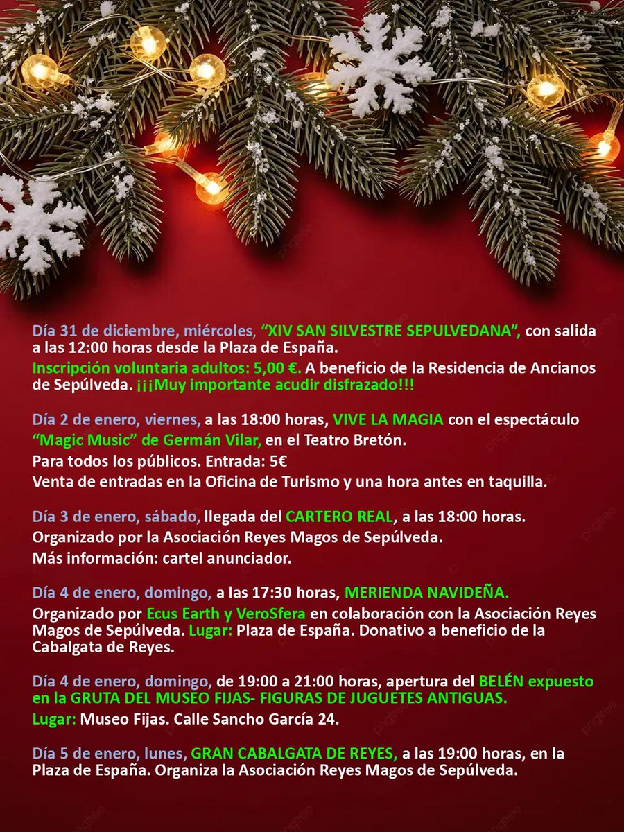 Sepúlveda enciende su Navidad 🤍
Programa Navideño 2025
☃️🌰🎁🎄🎅⛄🐫☀️
¡Os esperamos en #Sepúlveda!

#Navidad #Navidad2025 #actividades #ProgramaNavideño #vacaciones #turismofamiliar

<a href="/CyLEsVida/">Turismo Castilla y León</a>
