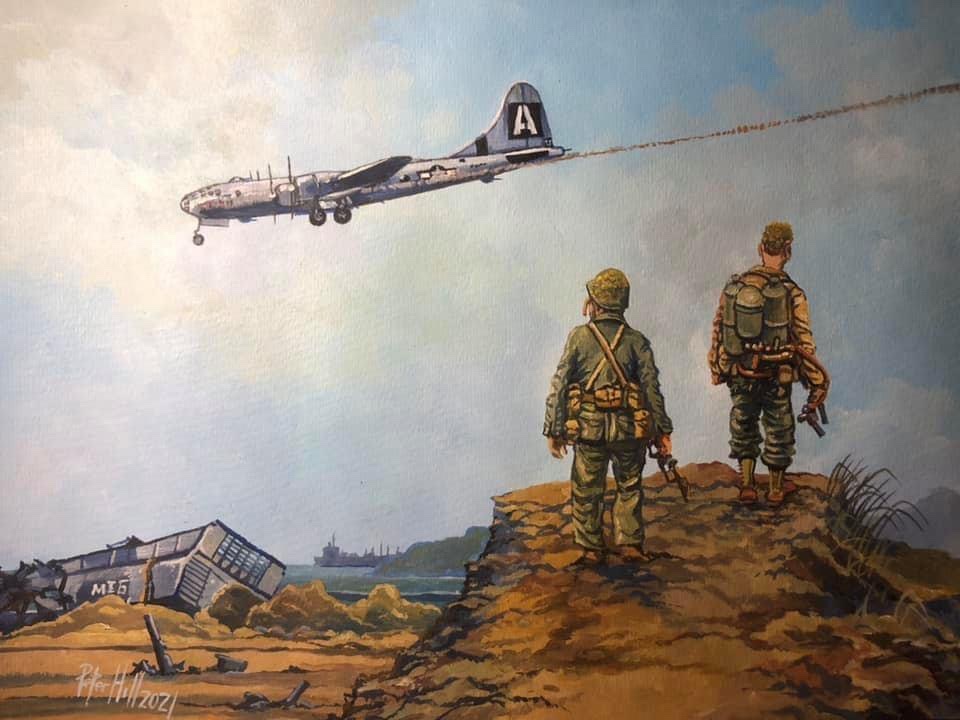Painting l did in 2021.
Damaged B-29 landing on Iwo Jima shortly after the island’s capture in 1945. 
Acrylic on paper 42 x 29cm