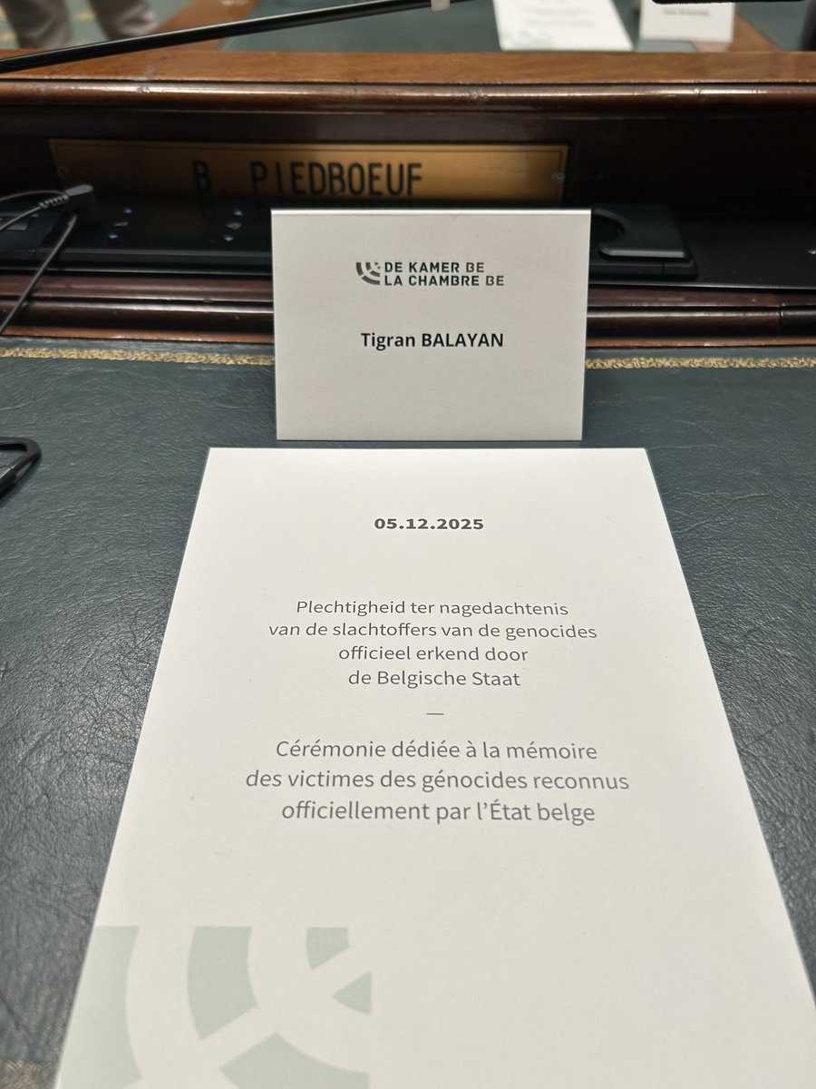 tbalayan's tweet photo. Honoured to take part in the commemoration ceremony at @DeKamerBE /@LaChambreBE 
dedicated to the memory of the victims of genocides officially recognised by 🇧🇪.
Preserving historical truth and standing against denial is a shared responsibility. Grateful to President @PeterDeRoover1 & MP @DeMaegdMichel for principled commitment to remembrance and human dignity.
