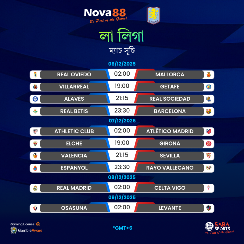 🔥 উইকএন্ড ফুটবলের উত্তাপ! 🔥
EPL, লা লিগা ও সেরি এ 

BE PART OF THE GAME WITH NOVA88
⚽ Official Asian Betting Partner of Aston Villa
🔗 cli.re/nova88blog
Nova88. All Rights Reserved. 18+ Be Gamble Aware.
#Nova88 #BePartOfTheGame #TrustedOnlineCasino #EPL #LaLiga #Seri