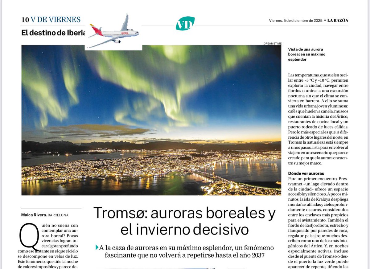 Ahora o dentro de once años 😲. Si deseáis contemplar #aurorasboreales en su máximo esplendor ¡¡es ahora o en el 2037 😱!! Y #Tromsø es perfecto para verlas.
¡Mi artículo ✍️ de hoy en <a href="/larazon_es/">La Razón</a> !
*En edición impresa, y en digital 👉 larazon.es/viajes/troms-a…
#viajar #Noruega