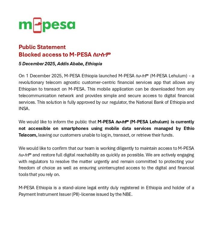 MwangoCapital's tweet image. M-PESA Ethiopia says its new telco-agnostic app was blocked on Ethio Telecom mobile data just two days after launch, leaving users unable to log in or access funds.