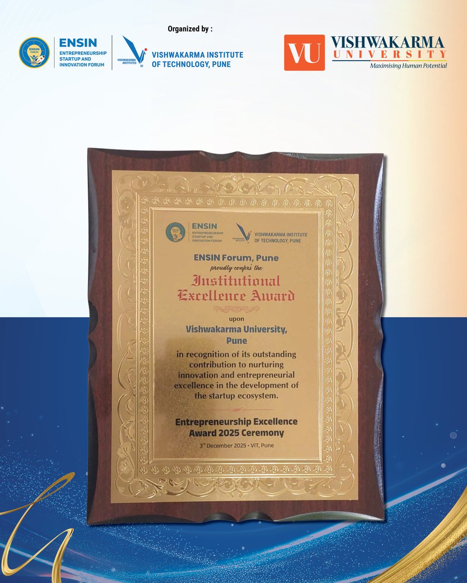 We’re honoured to receive the Entrepreneurship Excellence Award 2025!🏅

Grateful to ENSIN FORUM &amp; VIT Pune for recognizing our efforts in fostering innovation &amp; entrepreneurial growth. Here’s to empowering future innovators!✨

#InnovationAwards #VishwakarmaUniversity #ENSIN