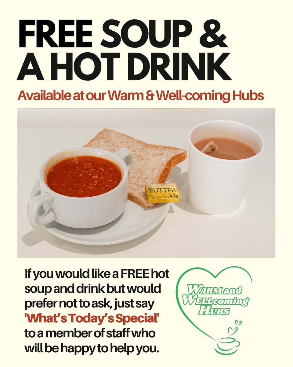 MidLibraries's tweet image. Would you like a FREE hot drink and soup, but would rather not ask? ☕🍲

Simply ask &apos;What&apos;s Today&apos;s Special?&apos; at the Warm &amp;amp; Well-coming Hubs at #Danderhall, #Lasswade, #Loanhead and #Newbattle cafes. 

For more info, visit ow.ly/Jwpm50X674r

#MidlothianCares