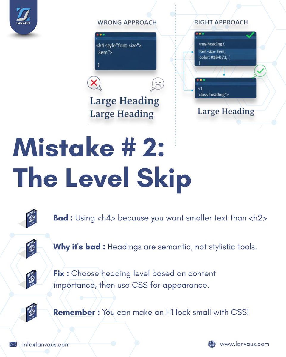 lanvaus's tweet image. Avoiding these common mistakes will make your HTML more semantic, accessible, and SEO-friendly.

Which of these have you seen (or done!) before? 🤫

Follow @lanvaus for more HTML updates!

Visit Us: lanvaus.com/solutions/web-…

#htmlbestpractices #WebDevelopment #Coding #lanvaus