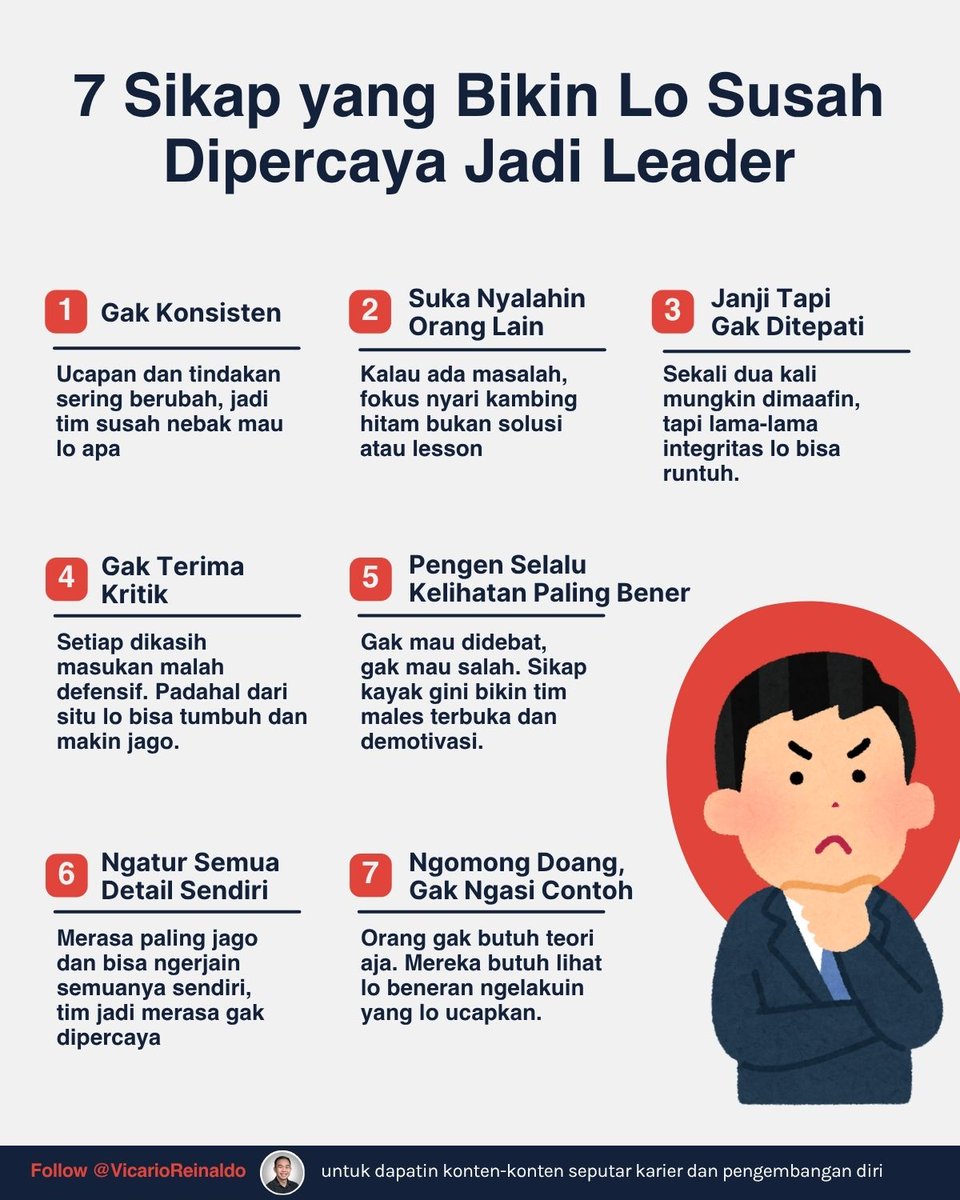 Banyak calon leader gagal bukan karena kurang pintar

Tapi karena belum bisa menunjukkan sikap dan mental leader.

Ini 7 sikap yang sering bikin seseorang susah dipercaya jadi leader