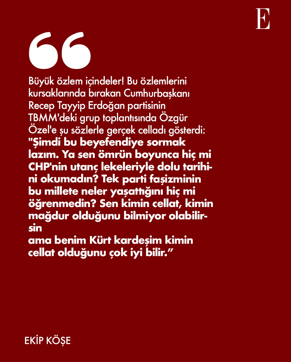 📝Yakup Köse <a href="/KseYakup/">Yakup Köse🇹🇷</a> yazdı: Celladın hatırlattığı

📌CHP kurulduğunda Anadolu halkının içinden kendine düşmanlar seçti. Dinî olarak Müslümanlar, ırkî olarak da Kürtler bu düşmanların başında geliyor. Ülke sathını darağaçlarıyla donattılar; sandalye tekmelemekten bitap düştüler!