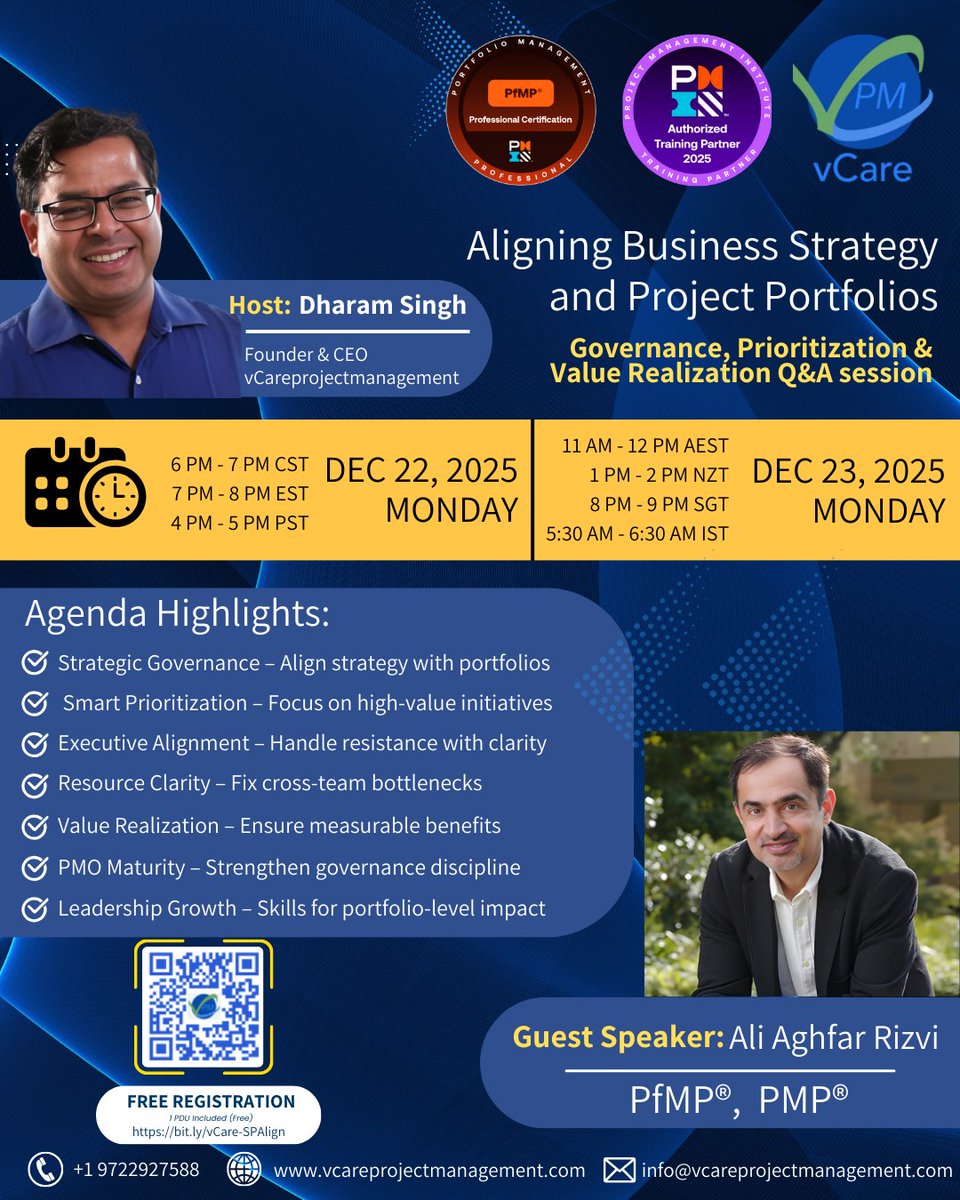Webinar with Ali Rizvi, PfMP®, PMP®, PCAMP
Aligning Business Strategy &amp; Project Portfolios: Governance, Prioritization &amp; Value Realization
Dec 22 | Q&amp;A session + 1 Free PDU

Register: bit.ly/vCare-SPAlign

#PMI #PortfolioManagement #ProgramManagement