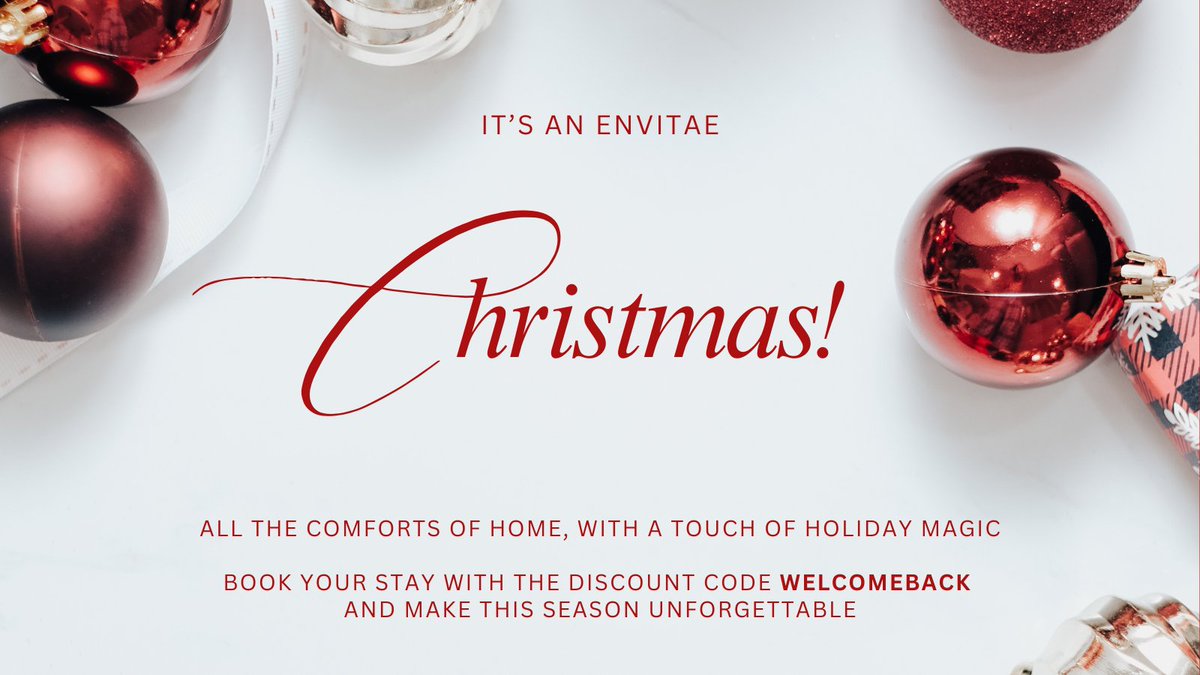 Envitaeofficial's tweet photo. Wishing you a Christmas filled with peace, joy, and the warmth of good company. As a little gift from us, enjoy a discount on your next stay with the code WELCOMEBACK.  Happy Holidays from the Envitae team!

#Envitae #Christmas2025 #MerryChristmas https://t.co/S82HAa7fFB