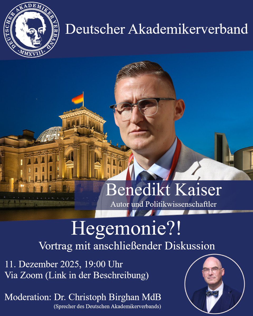 Mit seinem neuen Buch „Der Hegemonie entgegen“, beabsichtigt <a href="/benedikt_kaiser/">Benedikt Kaiser</a> nicht weniger als ein „Handbuch für alle Akteure in Real- und Metapolitik“ bereitzustellen.

Dazu sprechen wir mit ihm per Zoom am 11. Dezember 2025 – um 19:00 Uhr.

Einwahllink:
us02web.zoom.us/j/81689596541?…