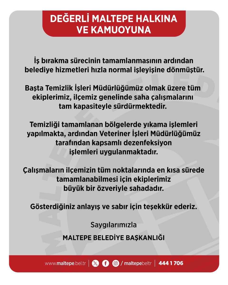 Değerli Maltepe halkına ve kamuoyuna saygıyla duyururuz.

Çalışmaların ilçemizin tüm noktalarında en kısa sürede tamamlanabilmesi için ekiplerimiz büyük bir özveriyle sahadadır.

Gösterdiğiniz anlayış ve sabır için teşekkür ederiz.