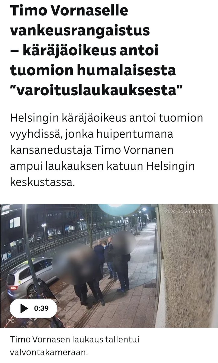 taskivei's tweet image. Päivän persu on Timo Vornanen. Hän ampui varoituslaukauksen aamuyöllä Ihkun edessä.