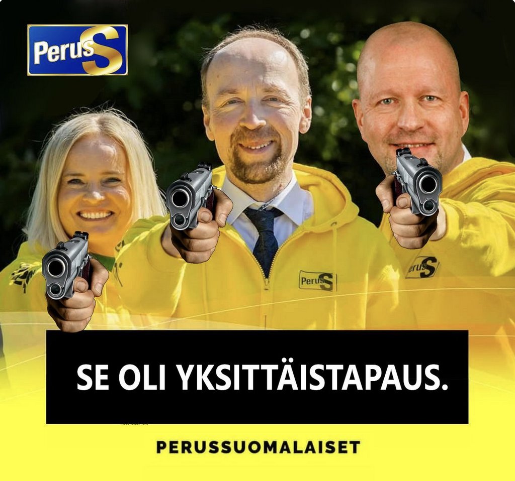 taskivei's tweet image. Päivän persu on Timo Vornanen. Hän ampui varoituslaukauksen aamuyöllä Ihkun edessä.